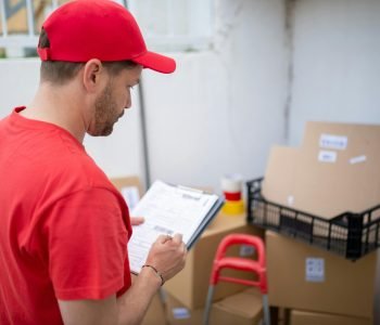 Delivery person in red uniform checks packages. Outdoor location, Portugal.
